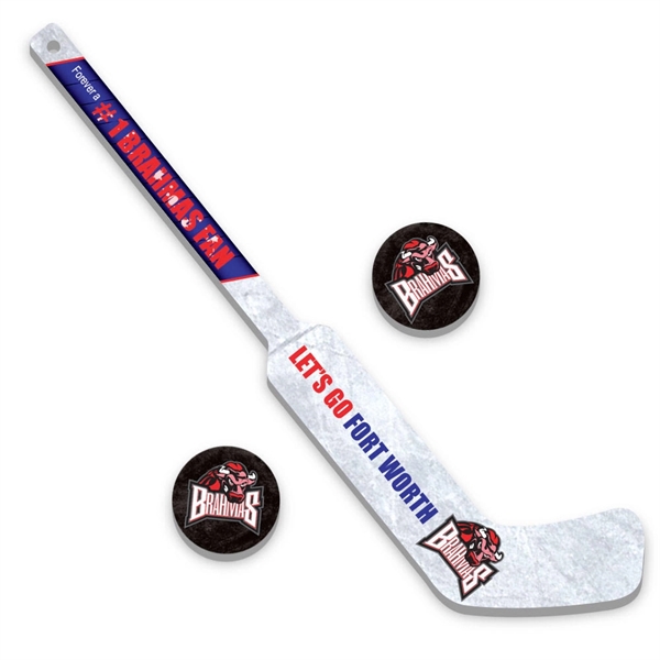 23" long miniature goalie stick and two 3" diameter hockey pucks... from ASI 68207 MAC Specialties Ltd / Sport Products
