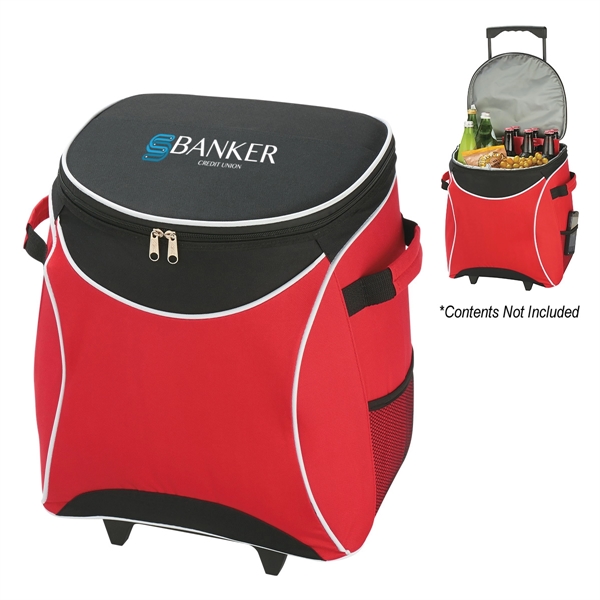 Polyester rolling cooler with large zippered main compartment, retractable auto lock... from ASI 61125 Hit Promotional Products / Hit®