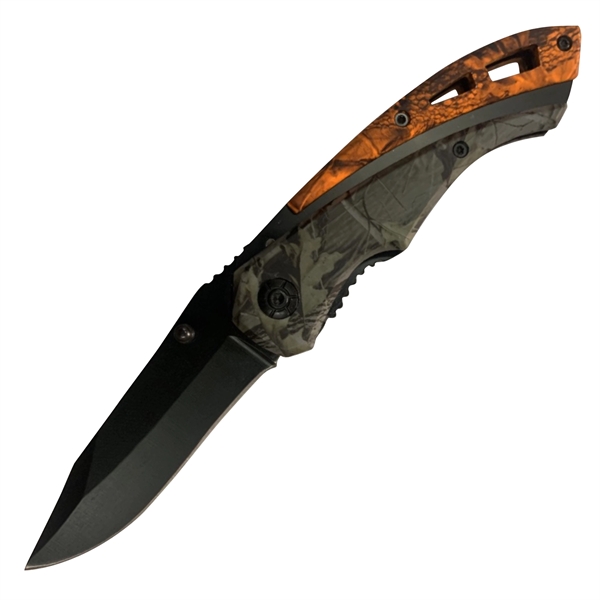 Camo knife with black coated stainless steel blade and pouch.... from ASI 99030 Zipline / Zipline®
