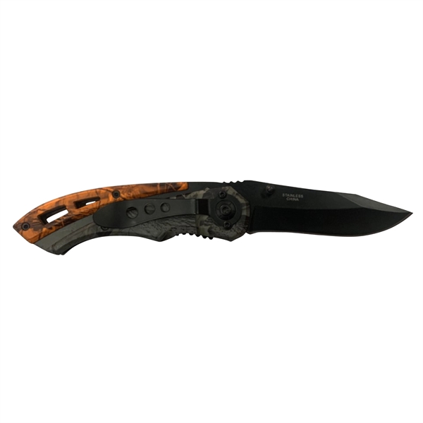 Camo knife with black coated stainless steel blade and pouch.... from ASI 99030 Zipline / Zipline®