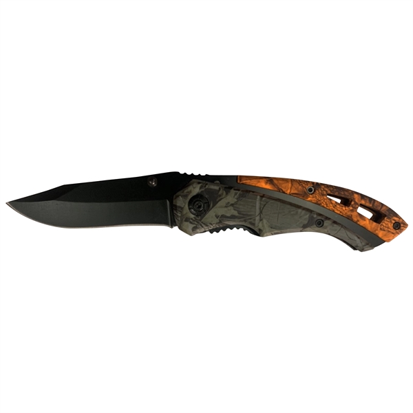 Camo knife with black coated stainless steel blade and pouch.... from ASI 99030 Zipline / Zipline®