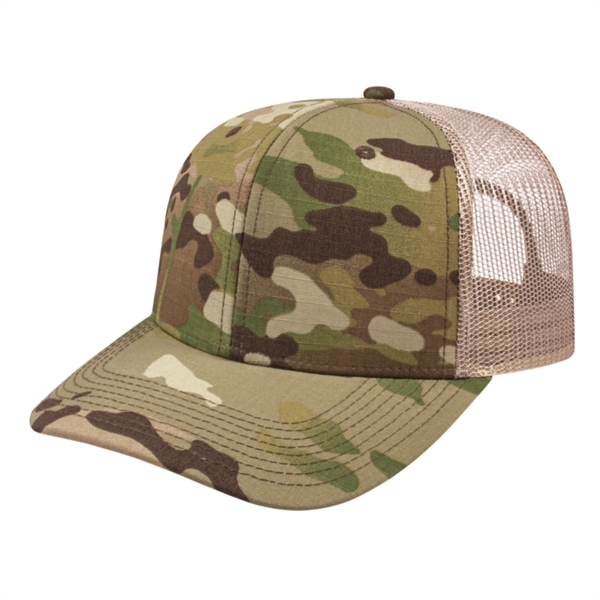 Multicam® cotton-polyester six-panel structured mesh cap with modified flat bill visor... from ASI 43792 Cap America Inc