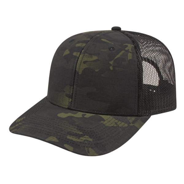 Multicam® cotton-polyester six-panel structured mesh cap with modified flat bill visor... from ASI 43792 Cap America Inc