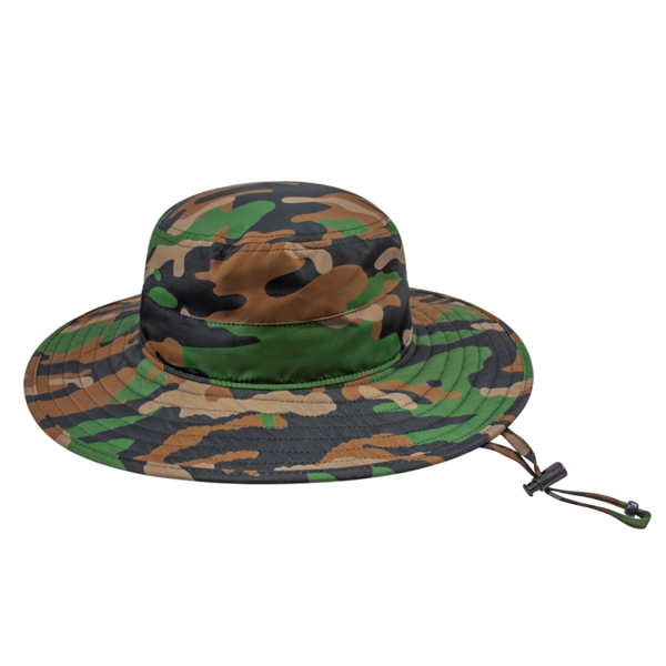 Polyester boonie-style unstructured cap with full brim and corded chin strap.... from ASI 43792 Cap America Inc