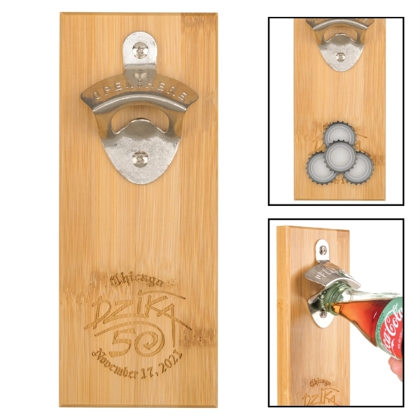 Bamboo and zinc alloy magnetic wall mounted bottle opener plaque.... from ASI 57655 STOPNGO Line