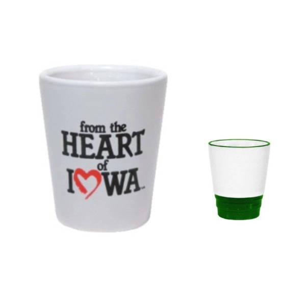 1.5oz Ceramic Shot Glass with Colored Trim, spot color... from ASI 80093 Pyrographics / Pyrographics Line