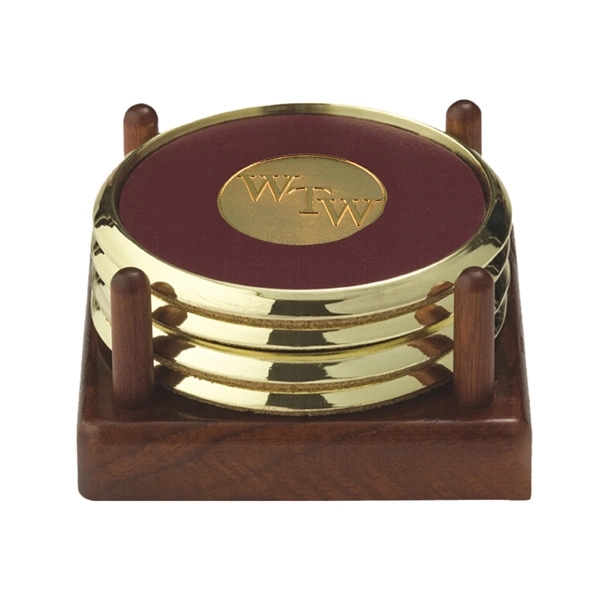 Set of 4 metal and leather coasters with center die cast... from ASI 88156 Solid Dimensions Inc / Solid Dimensions Line