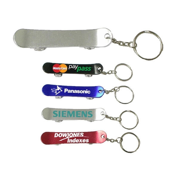 Skateboard shape bottle opener with key chain, silver.... from ASI 74585 Nu Promo International / Nu Promo Line
