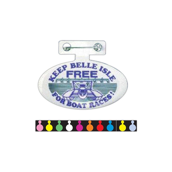 Plastic coated metal litho admission tabs. Large size plastic coated litho