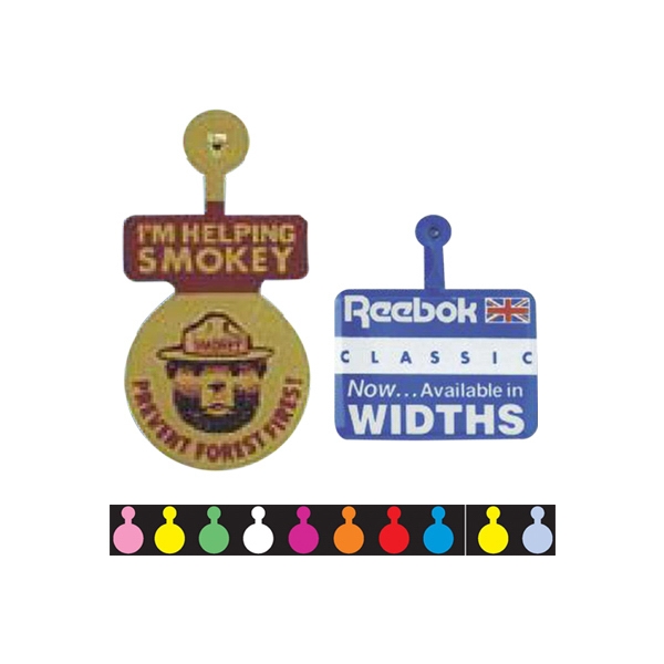 Plastic coated metal litho admission tabs. Large size plastic coated litho