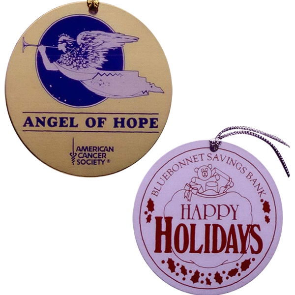 2.75" round aluminum ornament available with a die struck, silk screened... from ASI 41080 Nelson Boone Co Inc / Alumaline® & Brass
