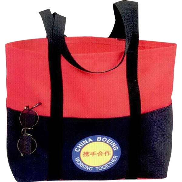 Open top polyester tote with contrast front slash pocket divided into... from ASI 88782 Sport Systems Custom Bag Corp / Sport Systems Custom Bag