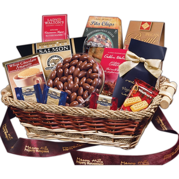 Gift basket with nuts, salmon, chocolate and cookies.... from ASI 68680 Maple Ridge Farms Inc