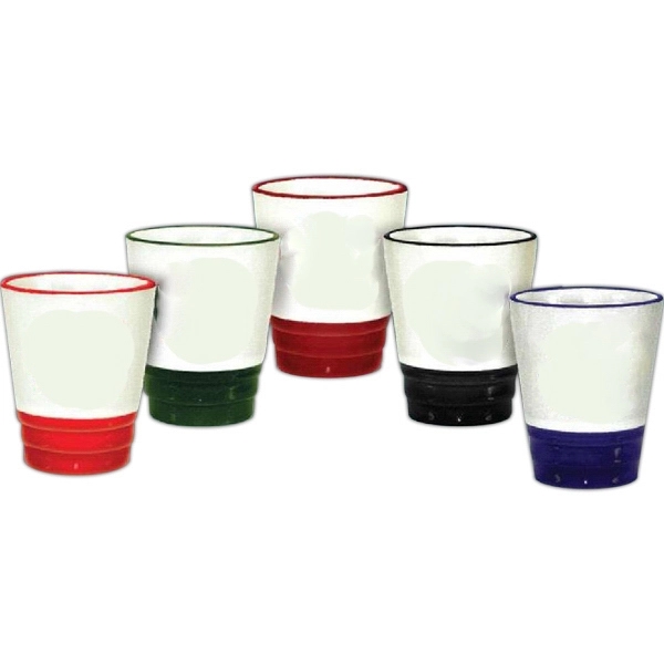 1.5 oz. Ceramic shot with red trim.... from ASI 92133 777 Promotional Products Inc