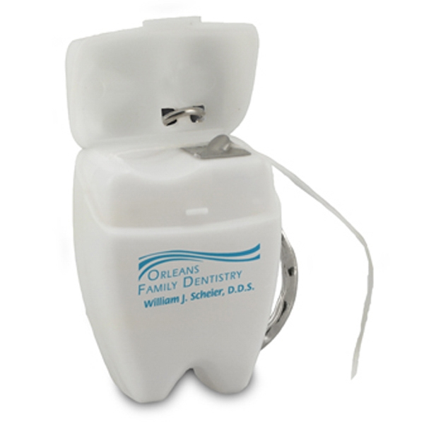 Tooth shaped floss keychain holder.... from ASI 47934 ZZ OLD/Drop - Custom HBC Corp / Health & Beauty Care