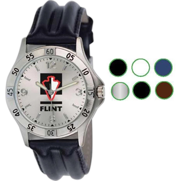 Watch with a simulated leather wrist band in brown or black... from ASI 86230 Selco