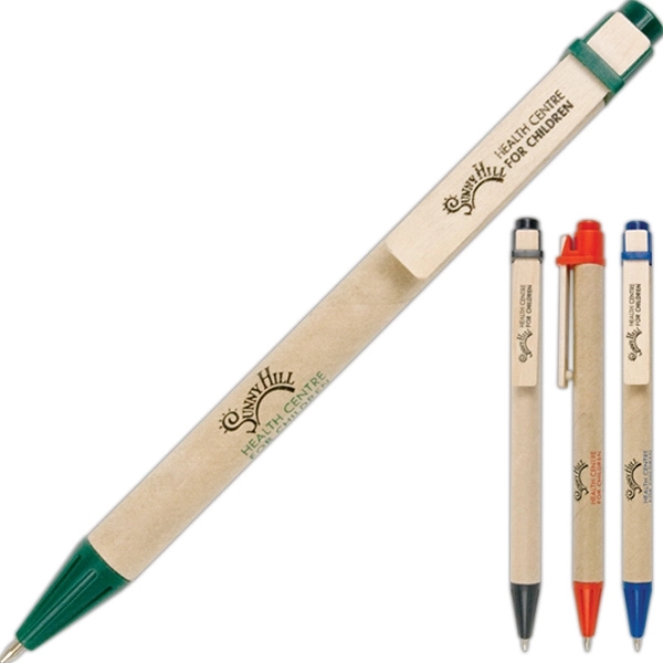 Recycled cardboard pen with a wooden clip and colored rim.... from ASI 42920 Busrel Inc