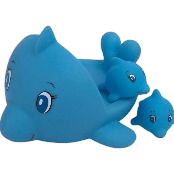 Rubber 3-pc dolphin family with mother and 2 babies squeaking toy.... from ASI 31977 Adline Industries Inc