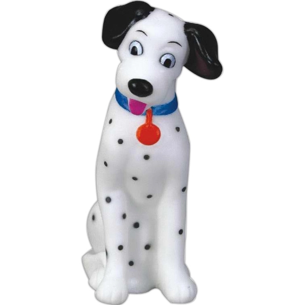Rubber white squeaking "Spotty" Dalmatian shaped toy with black spots.... from ASI 31977 Adline Industries Inc