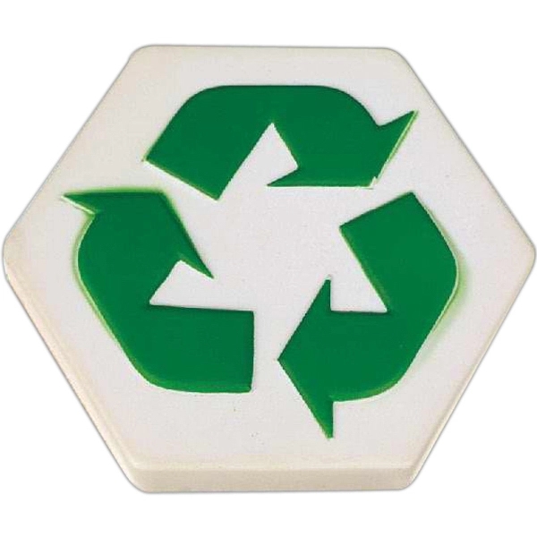 White recycle hexagon shape stress reliever with green markings.... from ASI 31977 Adline Industries Inc