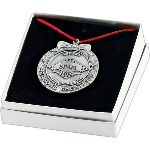 Season's Greetings antique pewter finish ornament with custom emblem.... from ASI 68760 Marken Industries / Marken