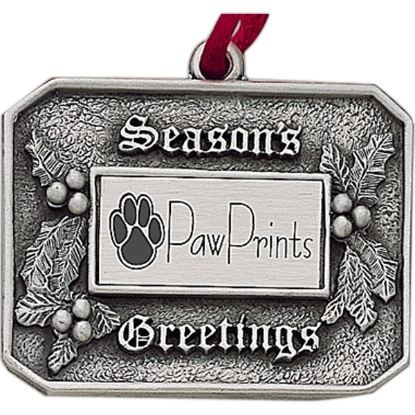 Season's Greetings Holly Christmas ornament with cord and antique pewter finish.... from ASI 68760 Marken Industries / Marken