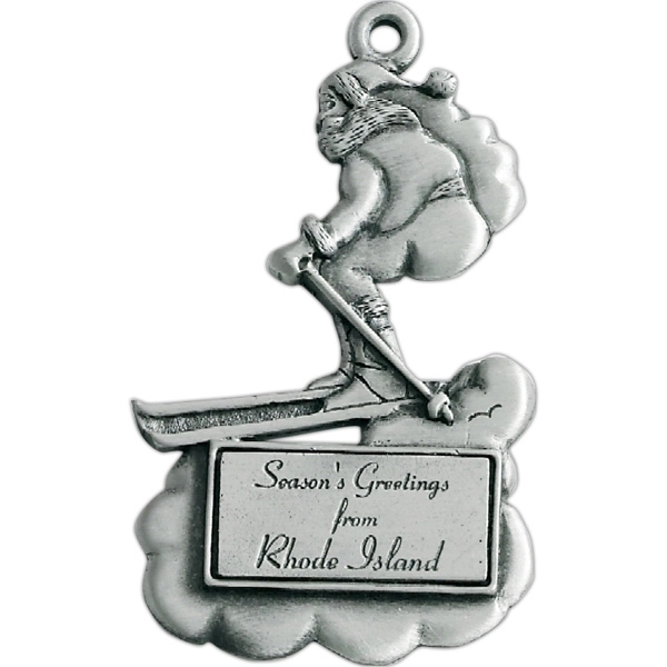 Skiing Santa Christmas ornament with cord and antique pewter finish.... from ASI 68760 Marken Industries / Marken