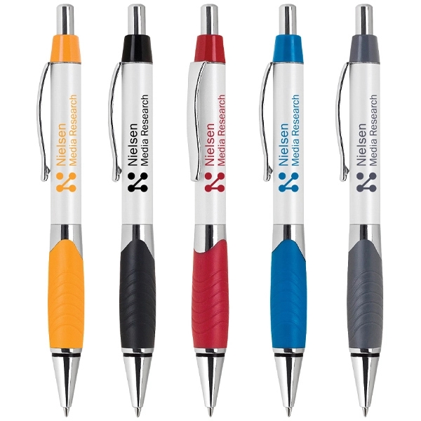 Click action aluminum ballpoint pen, pearl white barrel colored rubber grip.... from ASI 40544 Binaco / Binaline