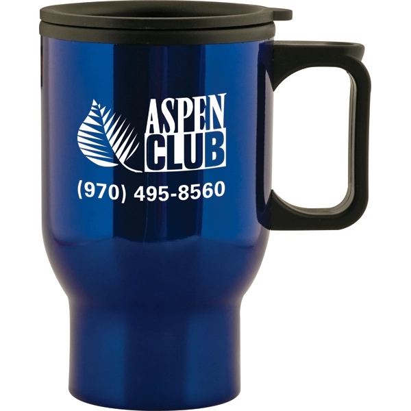 15 ounce stainless steel insulated mug with plastic liner, thumb-slide lid... from ASI 57653 Gold Bond