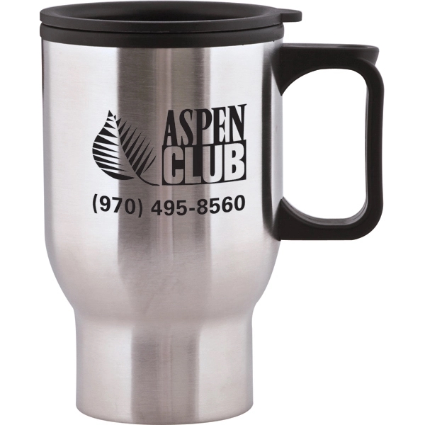 15 ounce stainless steel insulated mug with plastic liner, thumb-slide lid... from ASI 57653 Gold Bond