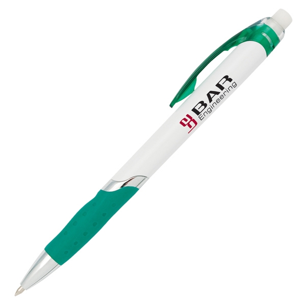 Green -  Plastic click pen with white barrel, colored grip... from ASI 42920 Busrel Inc / Busrel