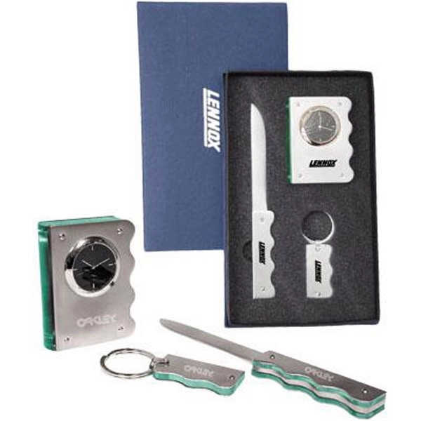 Aluminum and acrylic desk clock, letter opener and key ring gift... from ASI 31570 Advantage Industries / AdVantage Line®