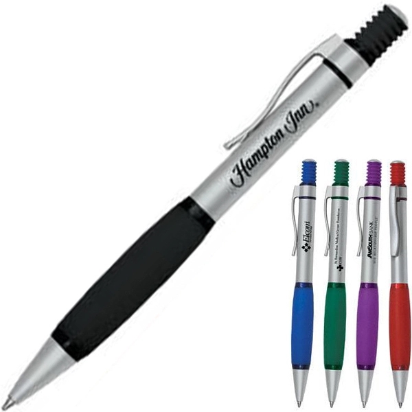 Retractable ballpoint pen features a matte silver brass barrel and rubber... from ASI 31570 Advantage Industries / AdVantage Line®
