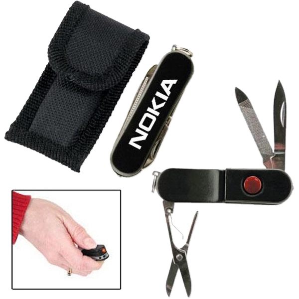 Five function flashlight knife with belt sheath and black matte finish.... from ASI 31570 Advantage Industries / AdVantage Line®