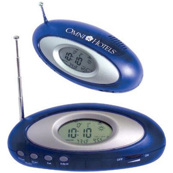 Oval radio with clock with translucent blue case with metallic silver... from ASI 31570 Advantage Industries / AdVantage Line®