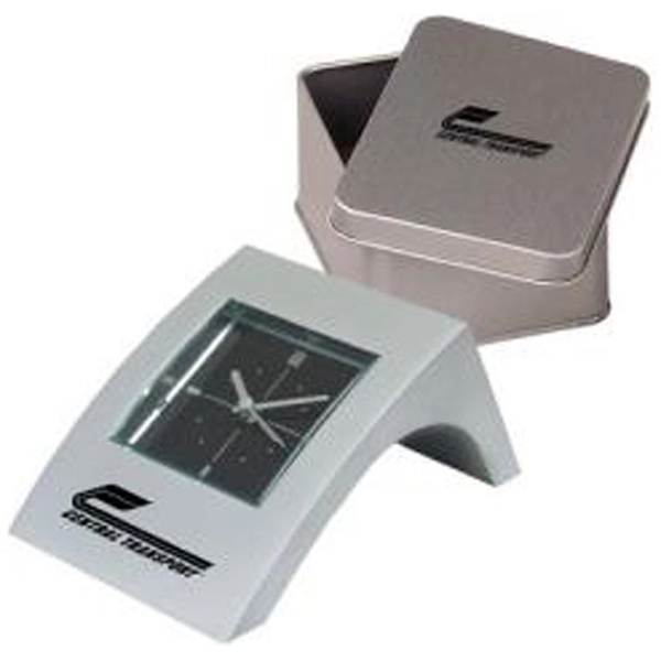 Miniature aluminum alarm clock with angled case, matching tin box.... from ASI 31570 Advantage Industries / AdVantage Line®