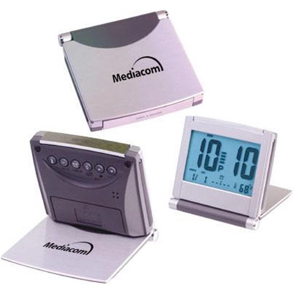 Folding aluminum jumbo LCD alarm clock with bright blue back light.... from ASI 31570 Advantage Industries / AdVantage Line®