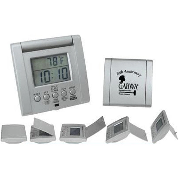 Travelers' thermometer alarm clock features a sleek silver finish.... from ASI 31570 Advantage Industries / AdVantage Line®