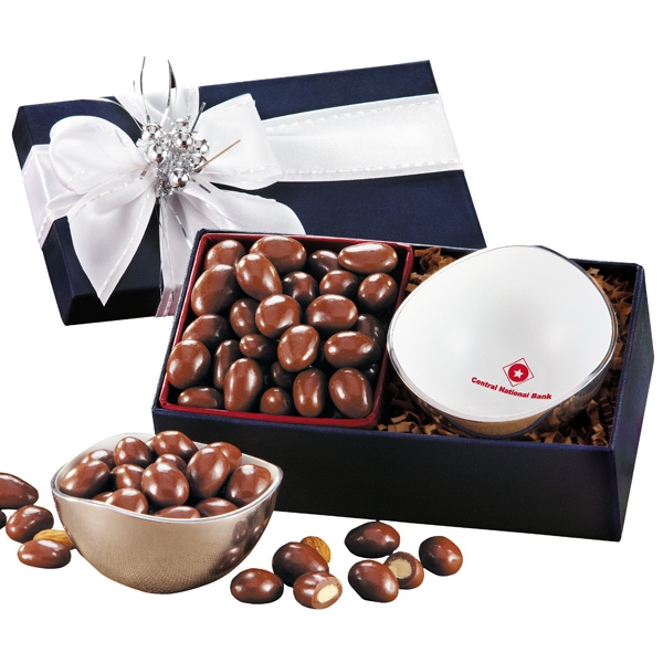 Candy dish imprinted with your logo with Chocolate Covered Almonds in... from ASI 68680 Maple Ridge Farms Inc / Maple Ridge Farms