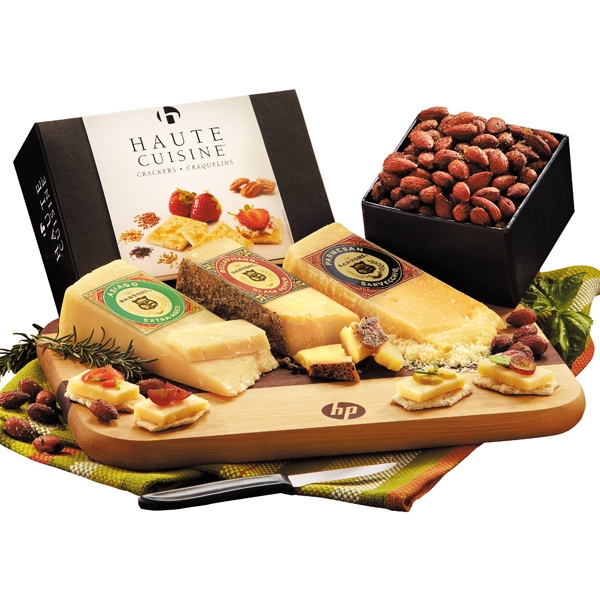 Walnut and Maple cutting board with gourmet cheeses, crackers and almonds.... from ASI 68680 Maple Ridge Farms Inc / Maple Ridge Farms