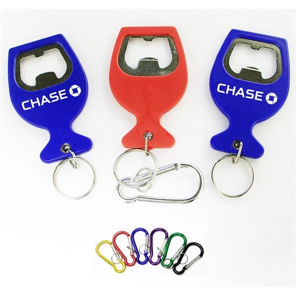 Wine cup shape bottle opener with split key ring and carabiner... from ASI 74585 Nu Promo International / Nu Promo Line