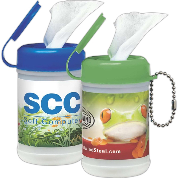 Lime Green-White -  Mini canister of 24 antibacterial wet wipes.... from ASI 78825 ZZ OLD/Drop - Points Of Light Inc / Points of Light