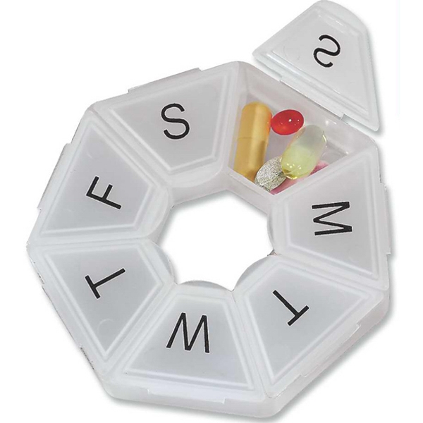 Heptagon seven day pill box with days of the week preprinted. Item 295100