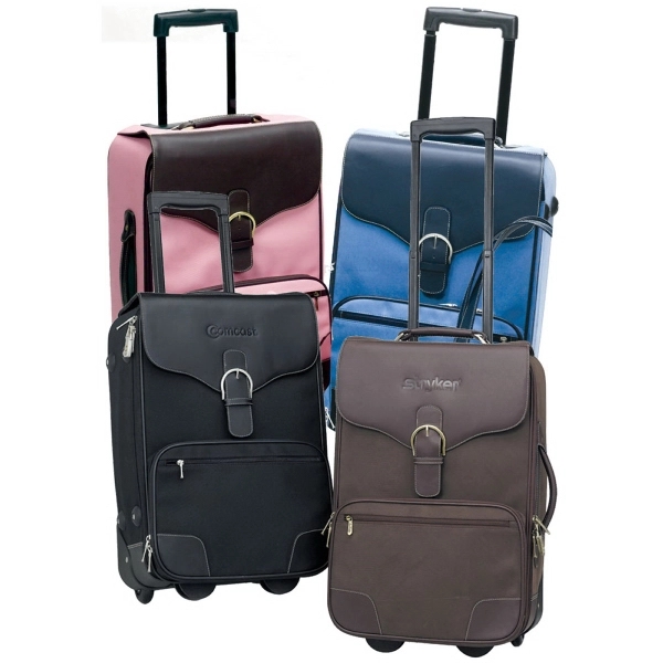 Upright vintage luggage in brushed twill and full-grain leather with locking... from ASI 79384 Preferred Nation Inc