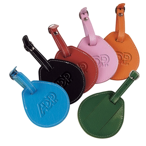Bold colored leather luggage tag, 3 1/2" x 3 3/4".... from ASI 79384 Preferred Nation Inc / G-tech