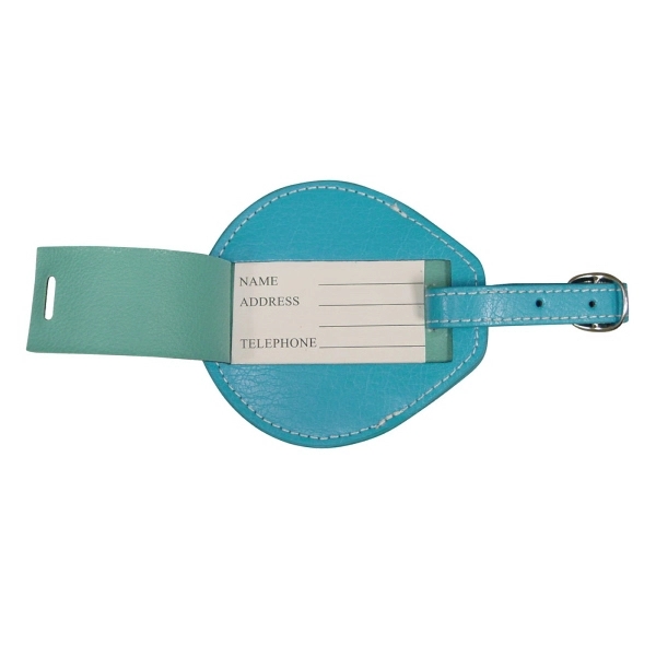 Bold colored leather luggage tag, 3 1/2" x 3 3/4".... from ASI 79384 Preferred Nation Inc / G-tech