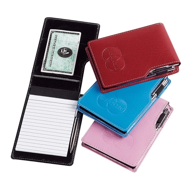 Leather jotter with a contrast stitch includes mini pen and pad,... from ASI 79384 Preferred Nation Inc / G-tech