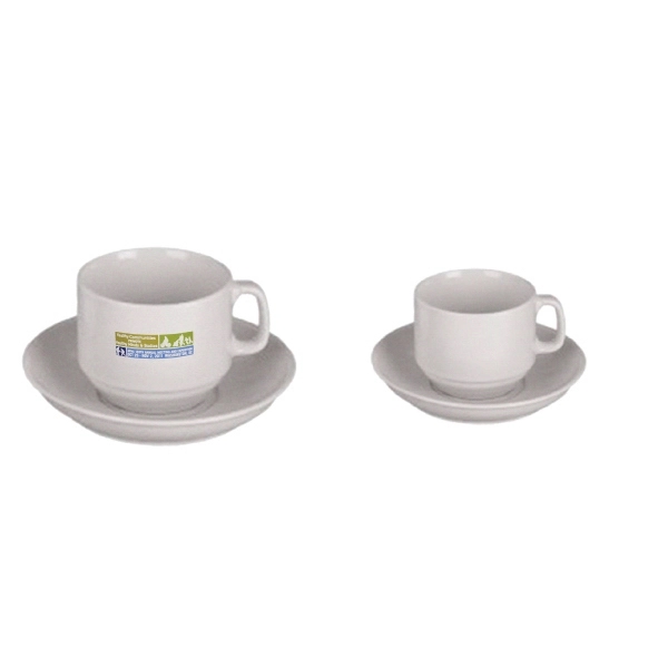 White ceramic 6oz cappuccino and saucer set, spot color.... from ASI 80093 Pyrographics / Pyrographics Line