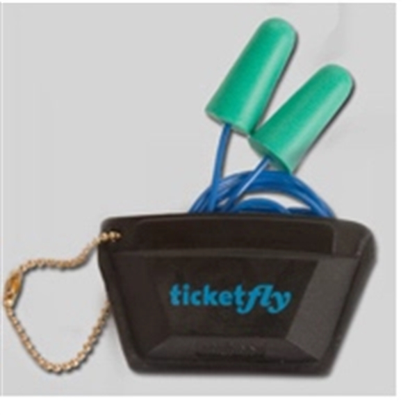 Mini pouch with hole punched, corded ear plugs with chain inserted... from ASI 62786 Intl Molded Pkg / IMPAK™