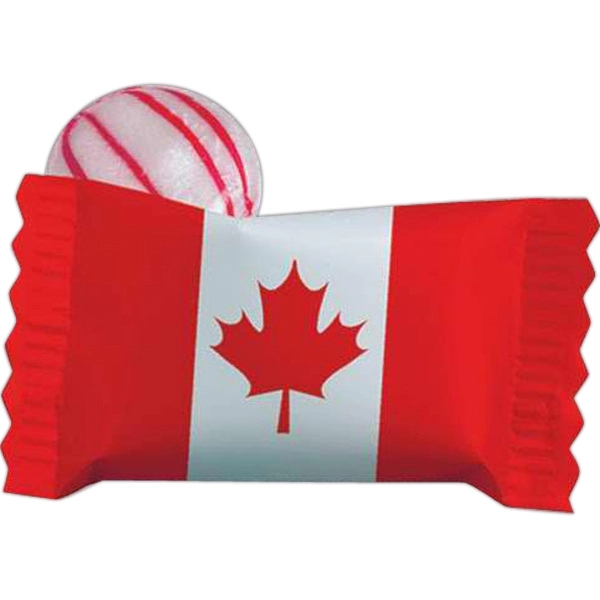 Stock wrapped Red Stripe Peppermint candy with Canadian Flag Maple Leaf... from ASI 44900 NC Custom (CI/Lanco) / Chocolate Inn